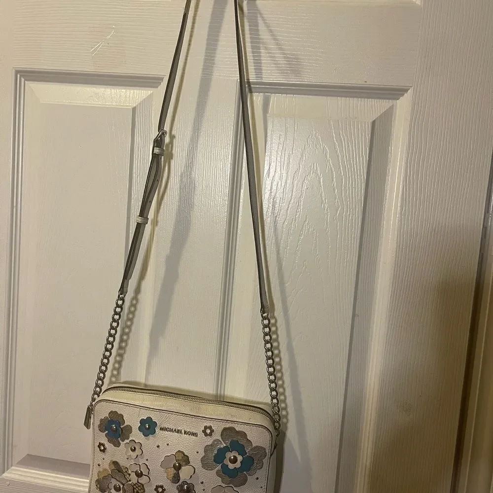 Michael Kors leather off White Floral  appliqué Crossbody Bag.